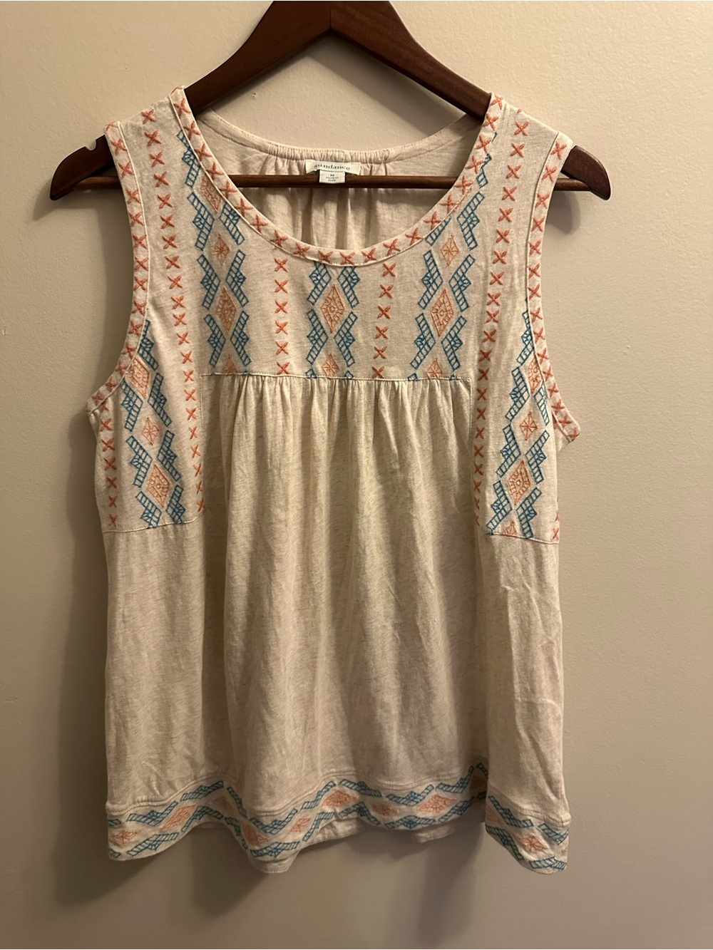 Sundance Cream Tank Top with Blue & Peach Embroidery
